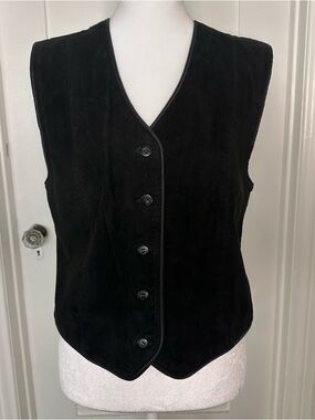 Vintage Western Black Leather Button Vest Size PM